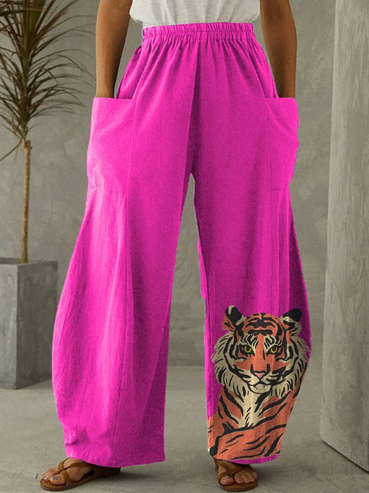 Damesbroek met wijde pijpen en elastische tailleband Roze tijger casual broek