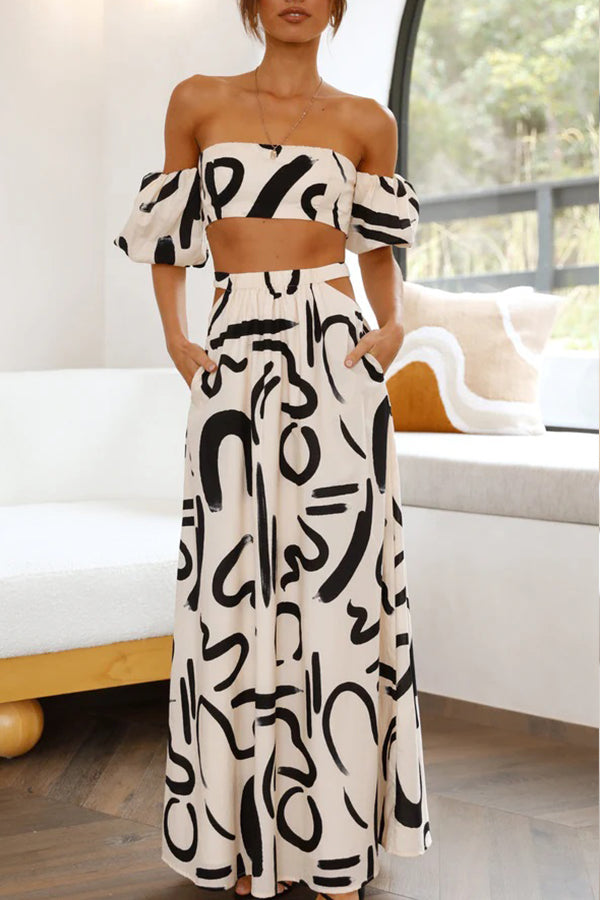 Allegra Doodle geprinte crop top en maxi rok set met zakuitsnijding