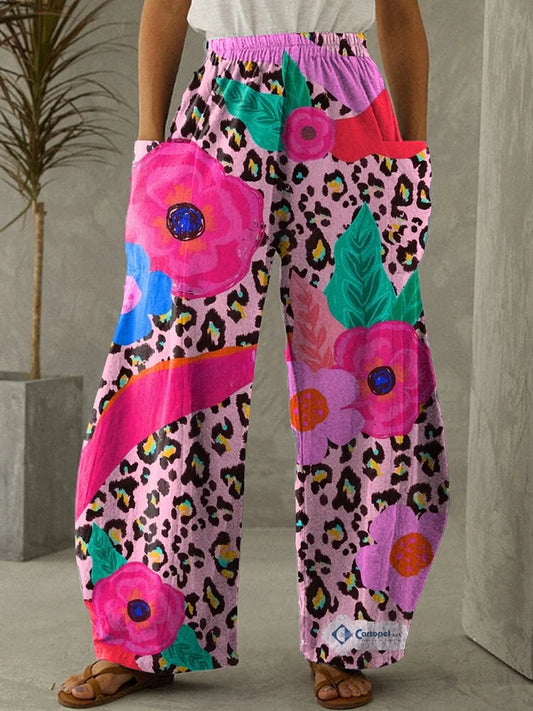 Damesbroek met elastische tailleband en roze bloemsierkunst, casual lange broek