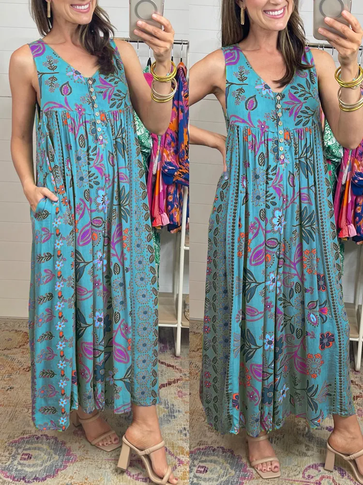 Vintage Bloemenprint los Mouwloos Jumpsuit