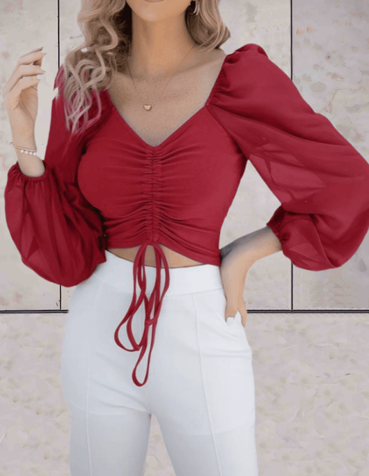 Valentina - Stijlvolle Rode Cropped Kersttop met Pofmouwen